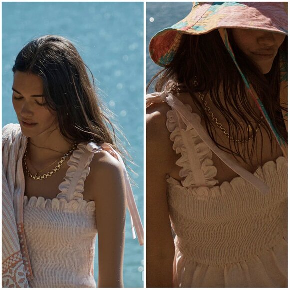 EPHEMERA US‎ 6 UK 10 Blush Ruffle Scalloped Hem Linen Embroidered Bow Tie Top - Picture 1 of 6